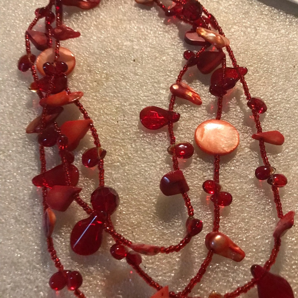 Red Shell and glass Multi-Strand Necklace - Women Jewelry
